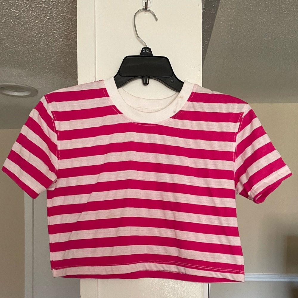Pink & White Striped Midriff Tee
